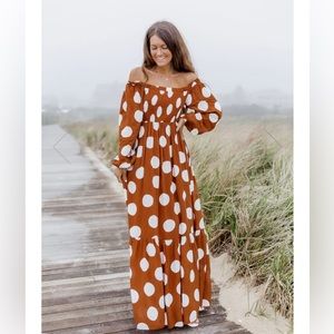 Bluff Walk Brown Polka Dot Off The Shoulder Maxi Dress